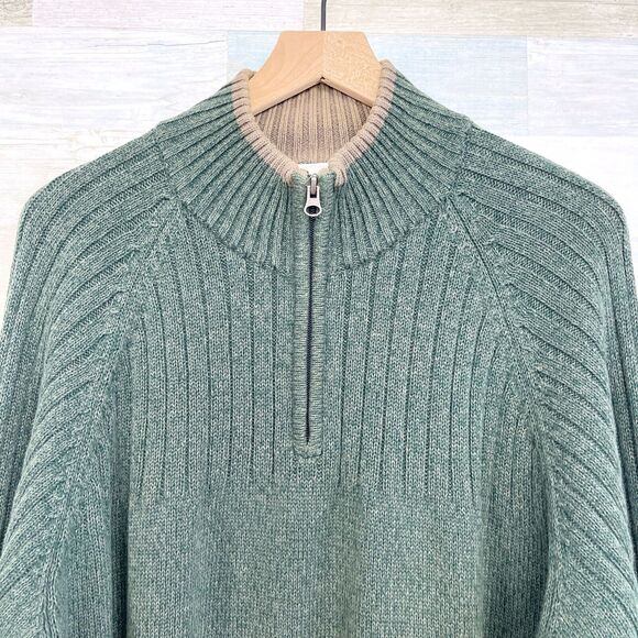 Columbia Chunky Ribbed 1/4 Zip Raglan Sleeve Sweater Green Cotton Mens Large - Picture 2 of 7
